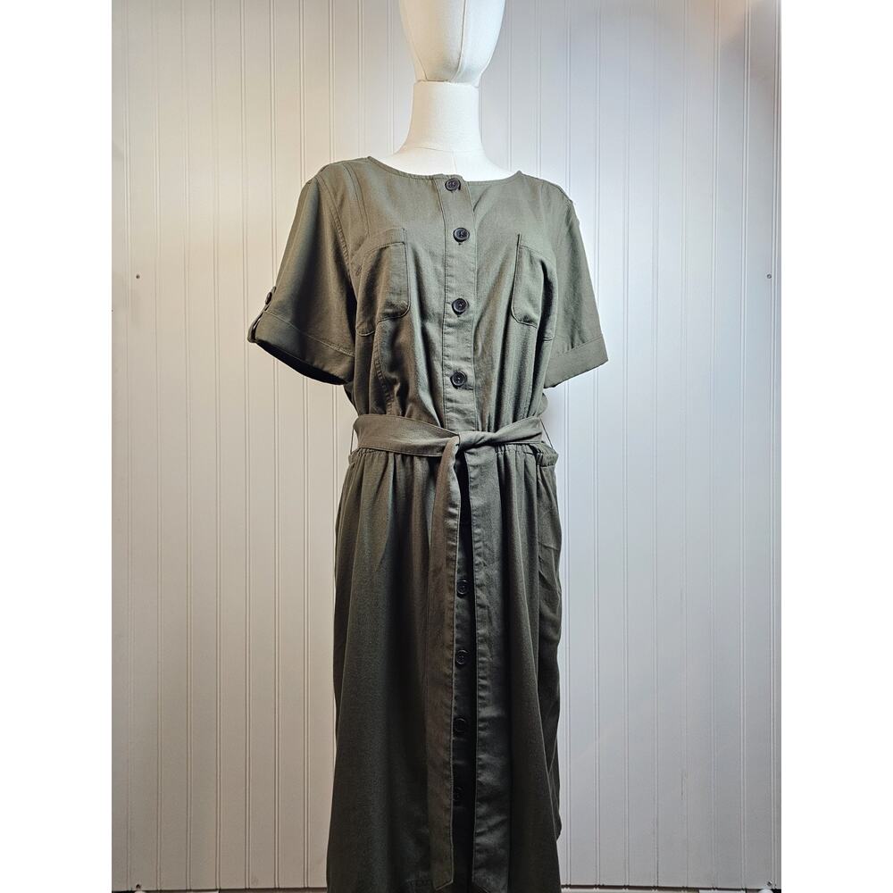 Talbots Fluid Twill Shirtdress Women's Size 14 Army Green Safari Preppy Boho